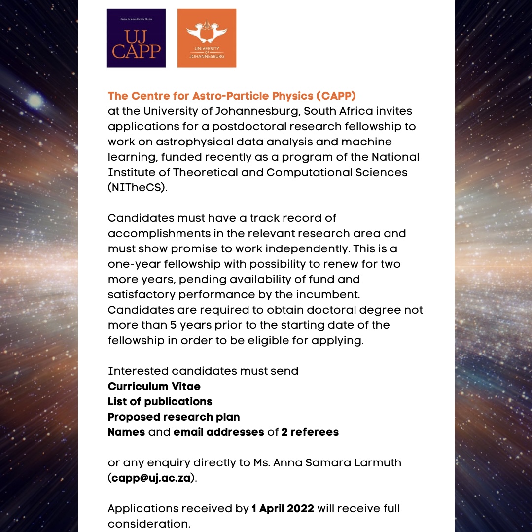 The Centre For Astro Particle Physics (capp) At The University Of Johannesburg, South Africa Invites Applications For A Postdoctoral Research Fellowship To Work On Astrophysical Data Analysis And Machine Learning, Funded Recently As A Program Of The