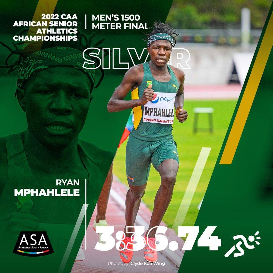 Ryan Mphahlele won a silver medal men's 1500m distance run with a time of 3:36.74