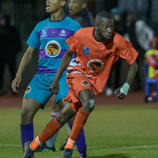 Gerald Ndlovu celebrates after scoring an opening goal for UJ