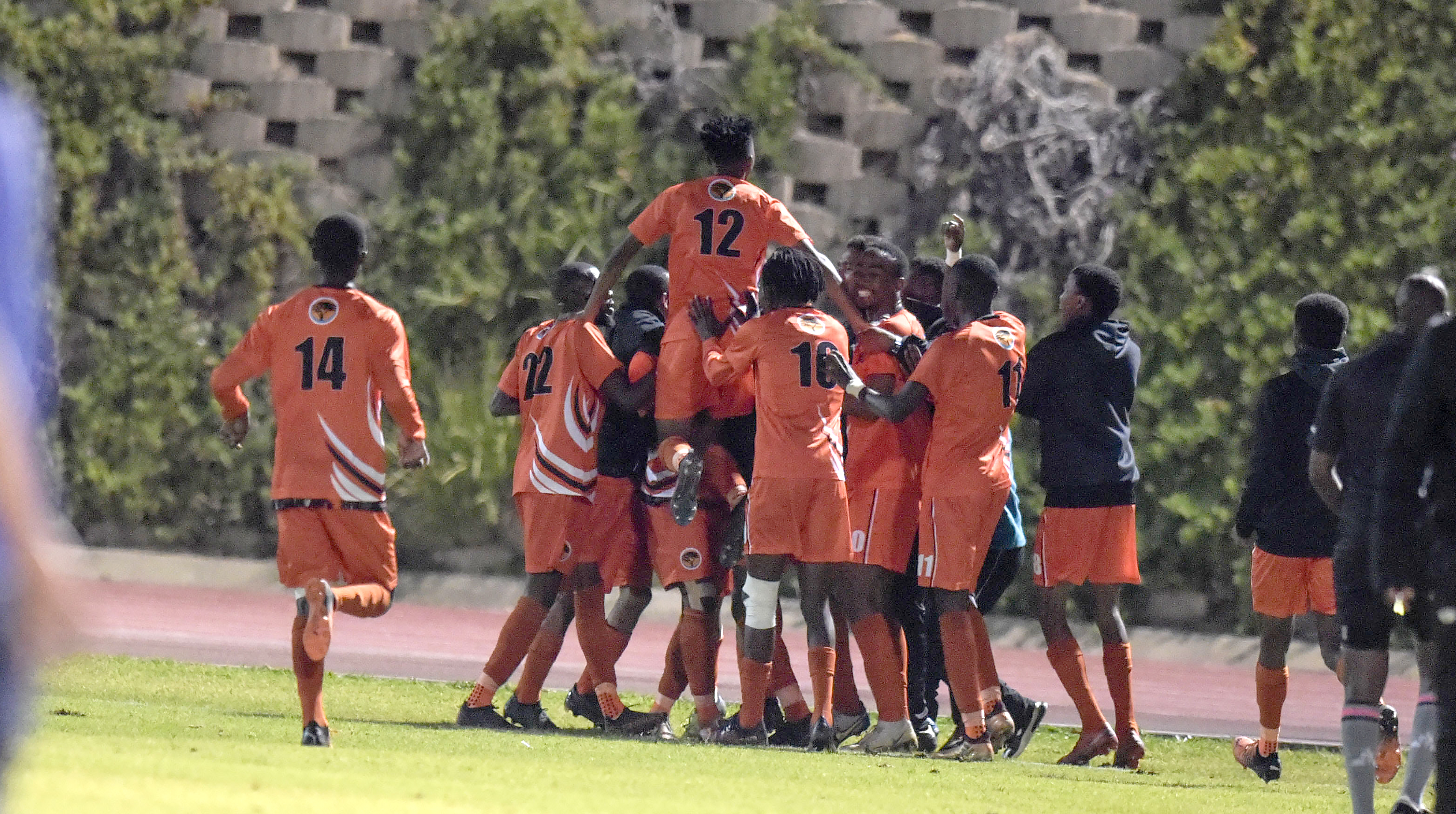 UJ celebrate after scoring a goal against VUT in the 2022 FNB Varsity Football tournament at the UJ Soweto Stadium