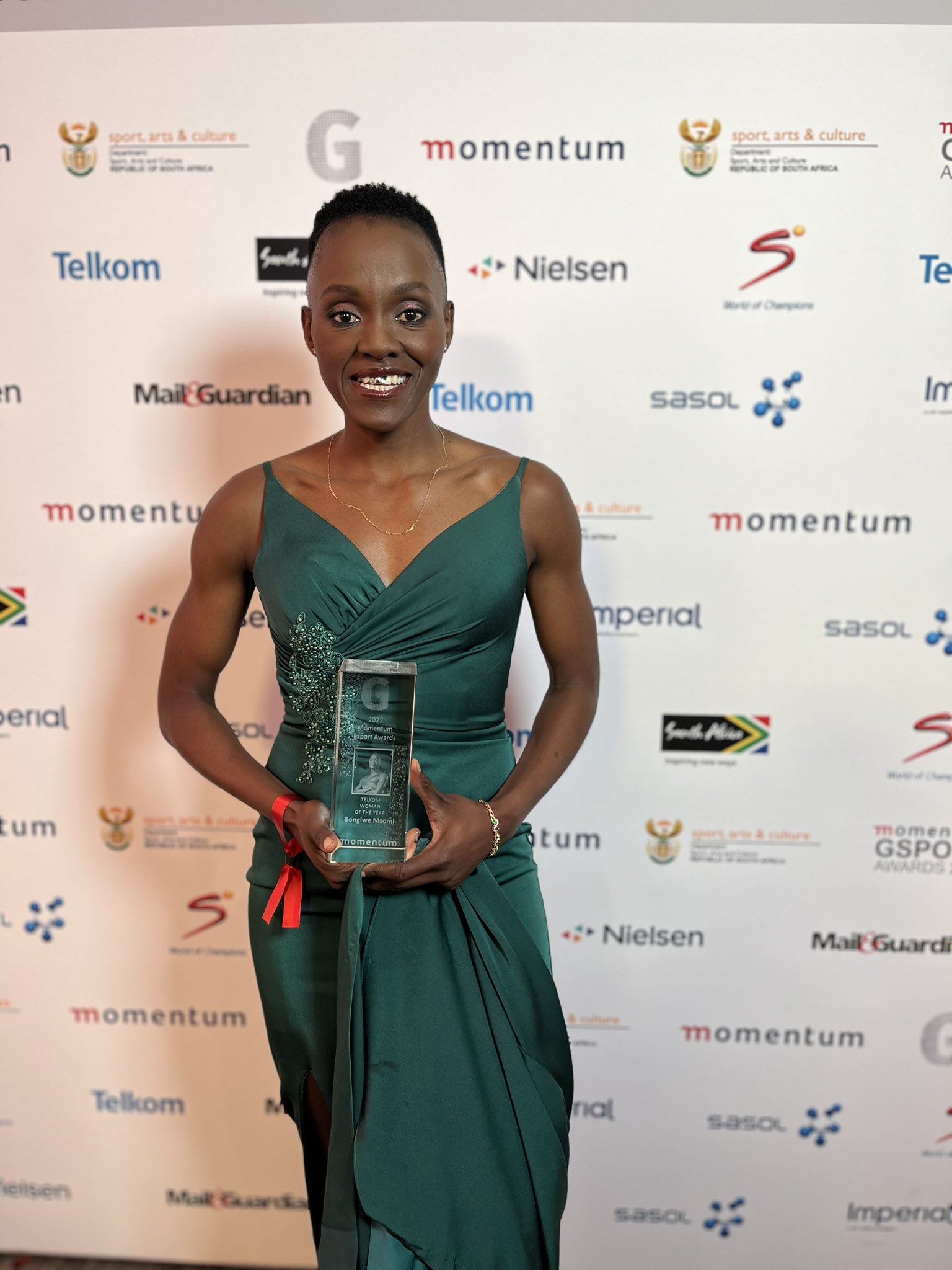 Bongiwe Msomi won the Telkom Woman of the Year Award at the 2022 Momentum gsport Awards held at the Wanderers Club on Wednesday evening, 14 September 2022. She the UJ Netball Club Manager and Coach as well as the SPAR Proteas Captain