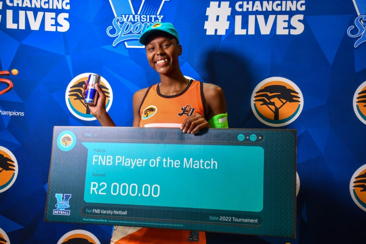 Owethu Ngubane's excellent performance earned her Player of the Match accolade in the second match of the 2022 FNB Varsity Netball tournament in Tshwane.