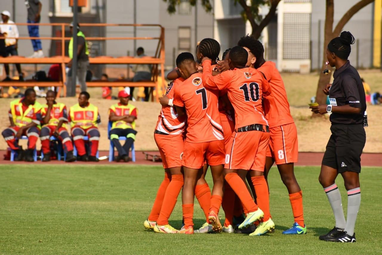 UJ celebrate after scoring against the University of Pretoria (UP Tuks) in the 2022 FNB Varsity Football tournament.